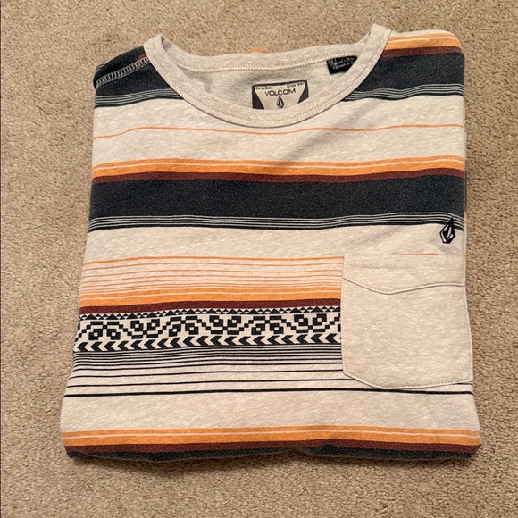 Volcom Men's Crewneck Long Sleeve Tee - Gray and Orange Stripes - Picture 1 of 7